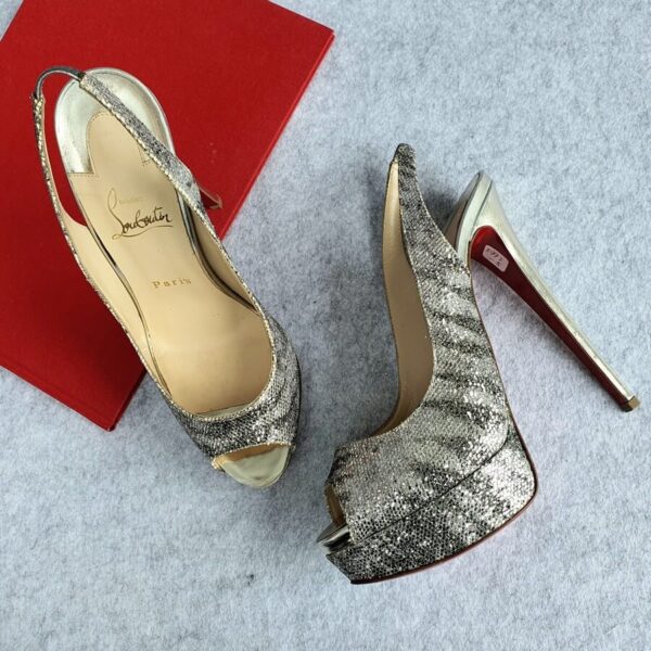 Christian Louboutin SZ38 Lady Peep Sling 150 Silver/Light Gold Glitter Sirene Shoes #YTTU-5