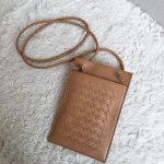 Bottega Veneta ID Card Holder & Lanyard Brown Woven Lambskin With Gold Hardware #URKK-3