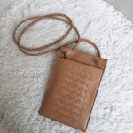 Bottega Veneta ID Card Holder & Lanyard Brown Woven Lambskin With Gold Hardware #URKK-3