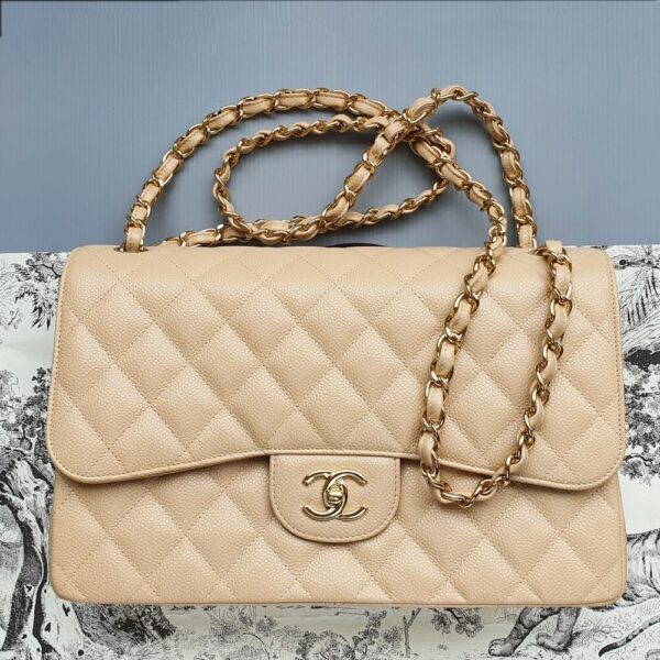 Chanel Jumbo Double Flap Bag Beige Grained Calfskin with Gold Hardware #GLSLK-1