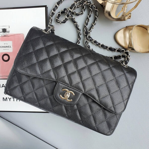 Chanel Jumbo Double Flap Bag Black Grained Calfskin with Silver Hardware #TYYU-1