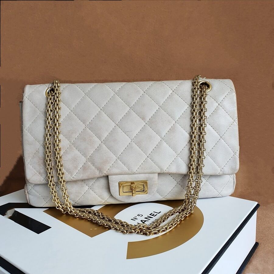Chanel  Reissue Double Flap 227 Blanc fonce/ Dark white Marble Aged  Calfskin with Gold Hardware #KELC-33 – Luxuy Vintage