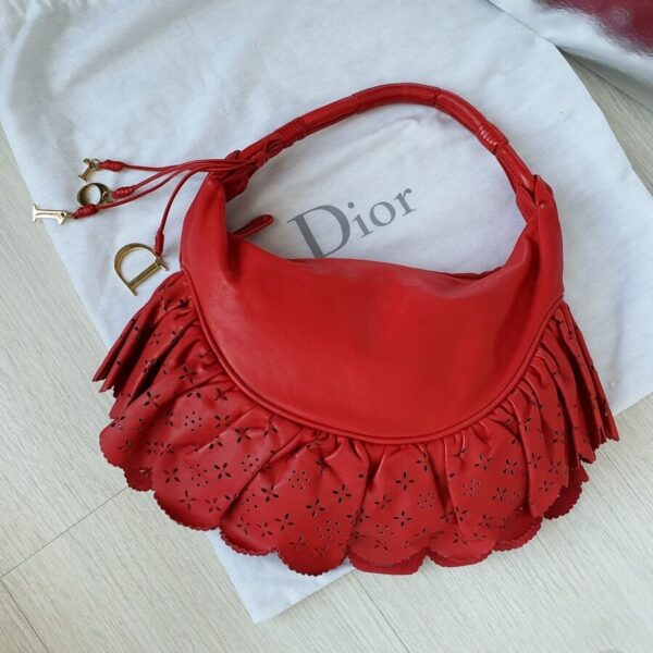 Dior Gypsy Ruffle Small Hobo Red Lambskin with Gold Hardware #TSUR-4