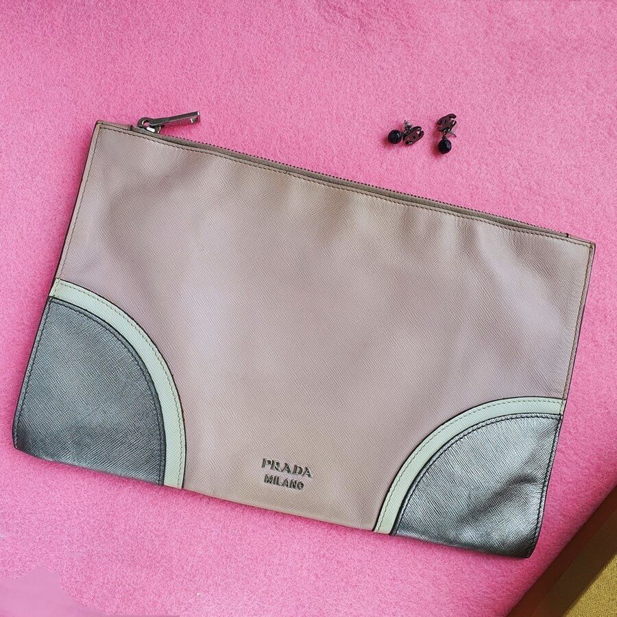 Prada Clutch PinkBronze Silver Saffiano Leather with Silver Hardware #GLSLS-2