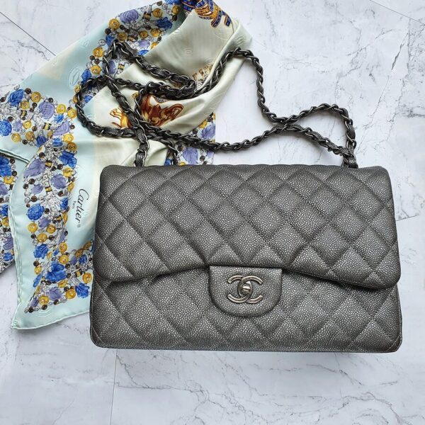 Chanel Jumbo Double Flap Bag Silver-grey Grained Calfskin with Ruthenium Hardware #TSSS-2