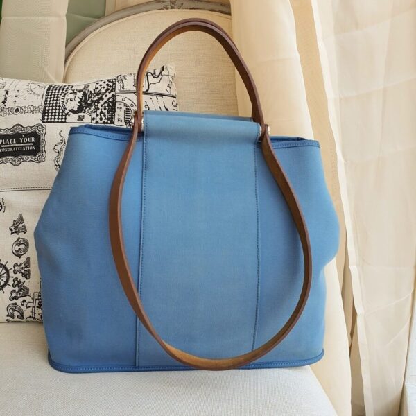 Hermes Cabag 32cm Blue/ Brown Canvas with Leather and Palladium Plated Hardware #TSCE-2