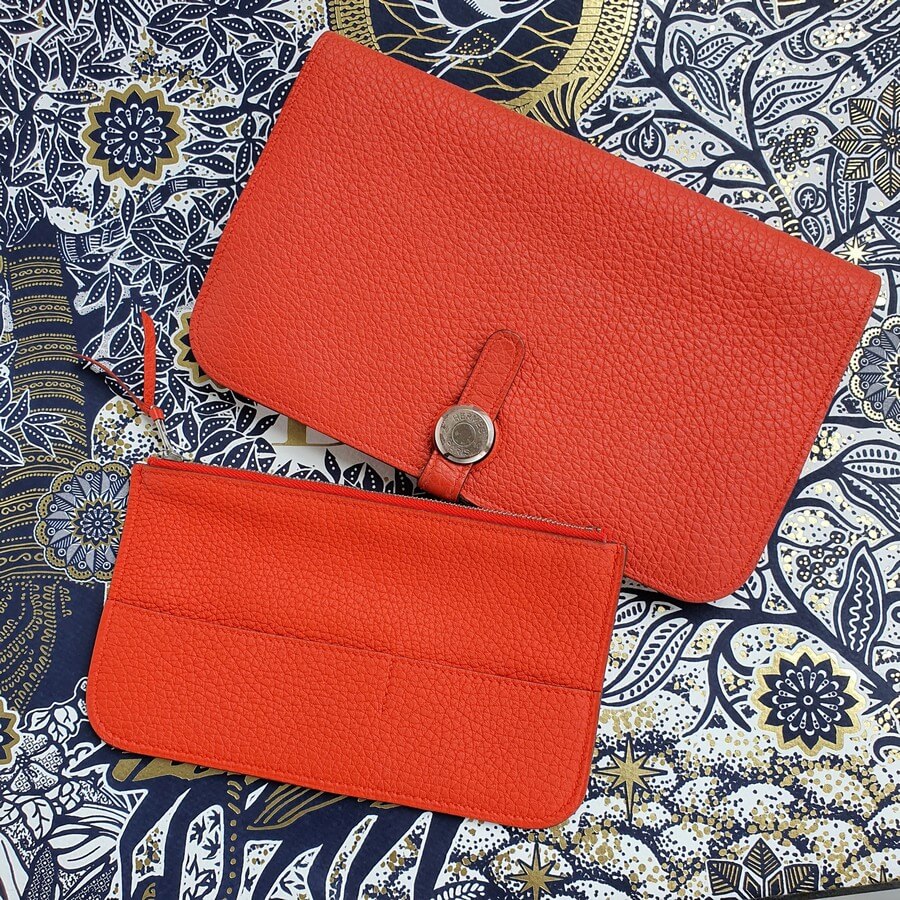 Hermes Dogon Duo Wallet Orange Clemence Leather with Palladium Plated Hardware #TSRL-2