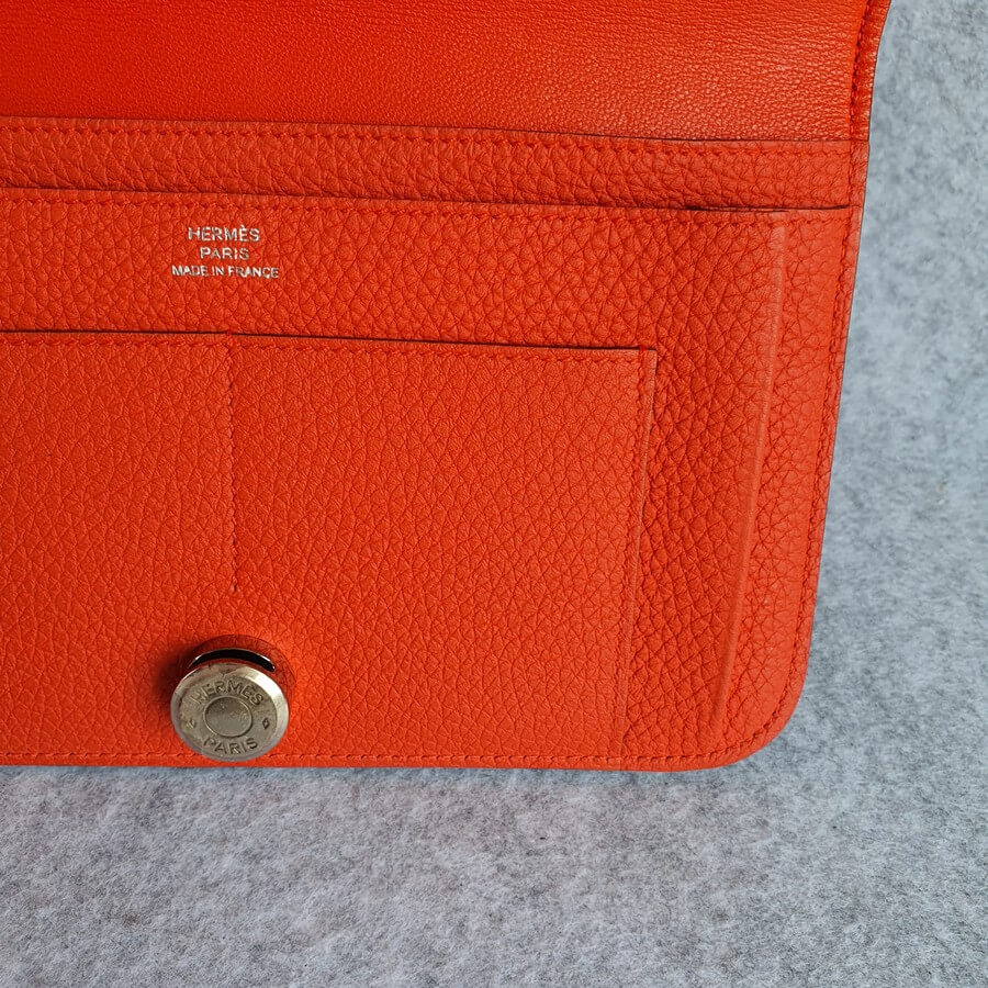 Hermes Dogon Duo Wallet Orange Clemence Leather with Palladium