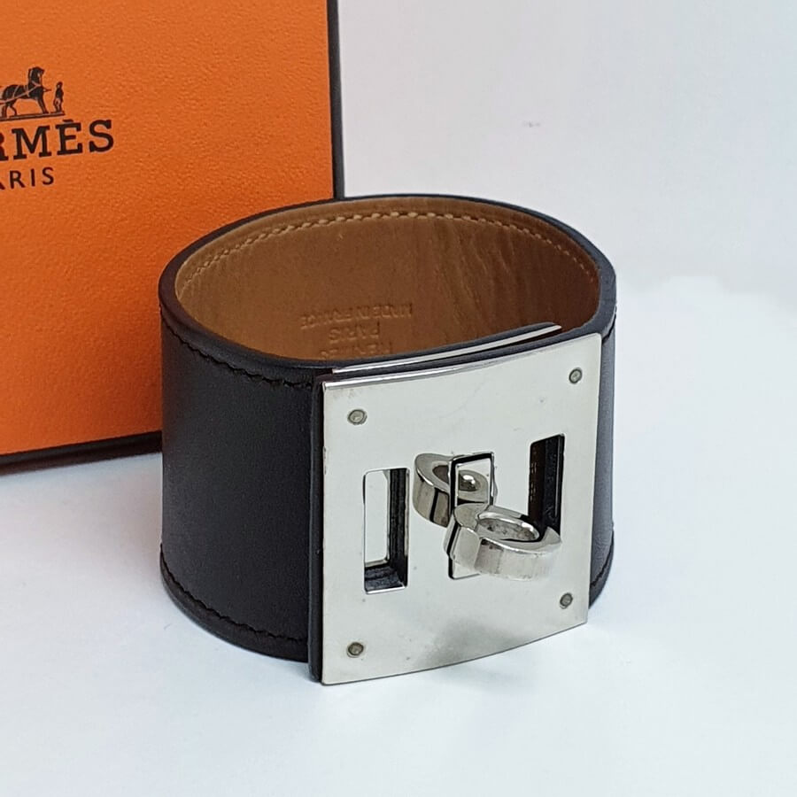 Hermes Kelly Dog Bracelet Dark Brown Swift Leather With Palladium Plated Hardware #TSTC-27