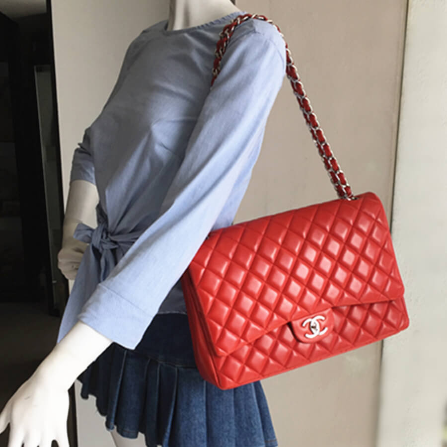 Chanel Maxi Jumbo Double Flap Bag Red Lambskin with Silver Hardware #YKTK-9