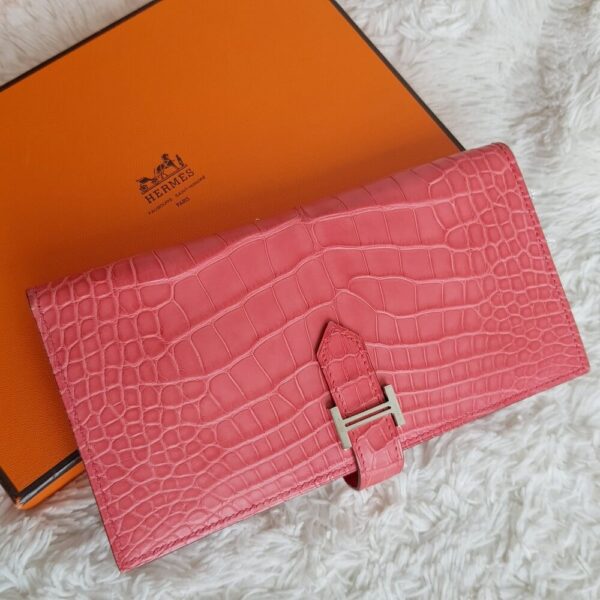 Hermes Bearn Wallet Bougainvilla Pink Alligator with Palladium Hardware #KRRC-3