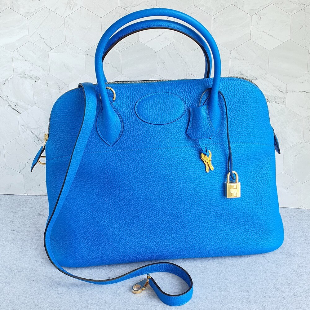 Hermes Bolide 35 Blue Hydra Clemence Leather with Gold Plated Hardware #TCKY-17