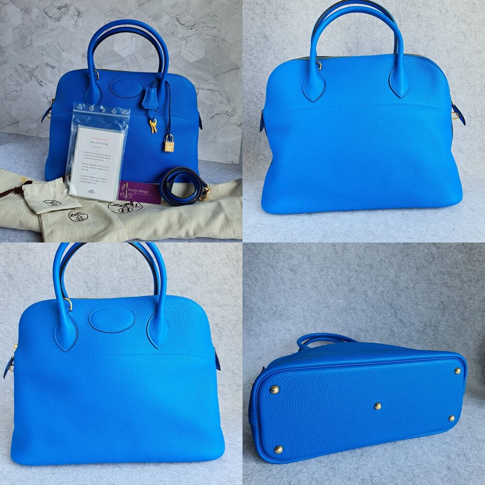 HERMES BOLIDE 35 Handbag 2way Gold Blue Denim Vache Leather 82969