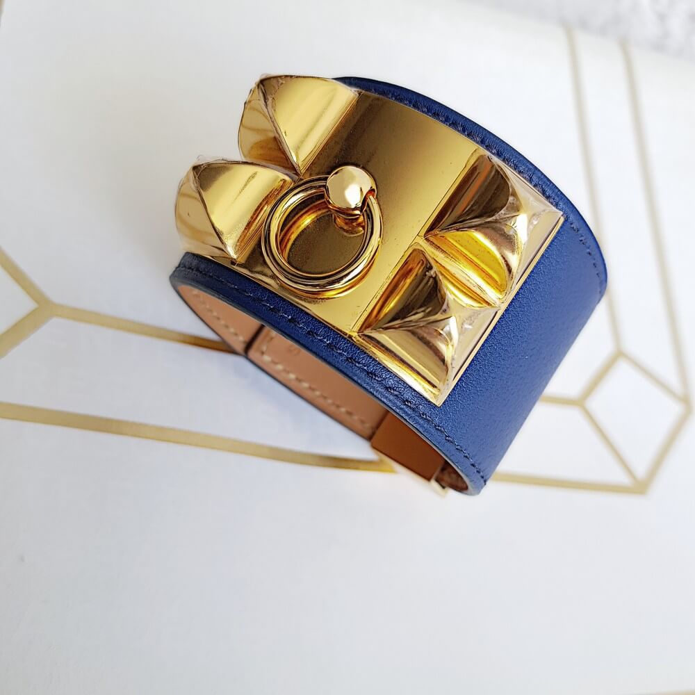 Hermes CDC Bracelet Blue Sapphire Swift Leather With Gold Plated Hardware #BVLEO-3