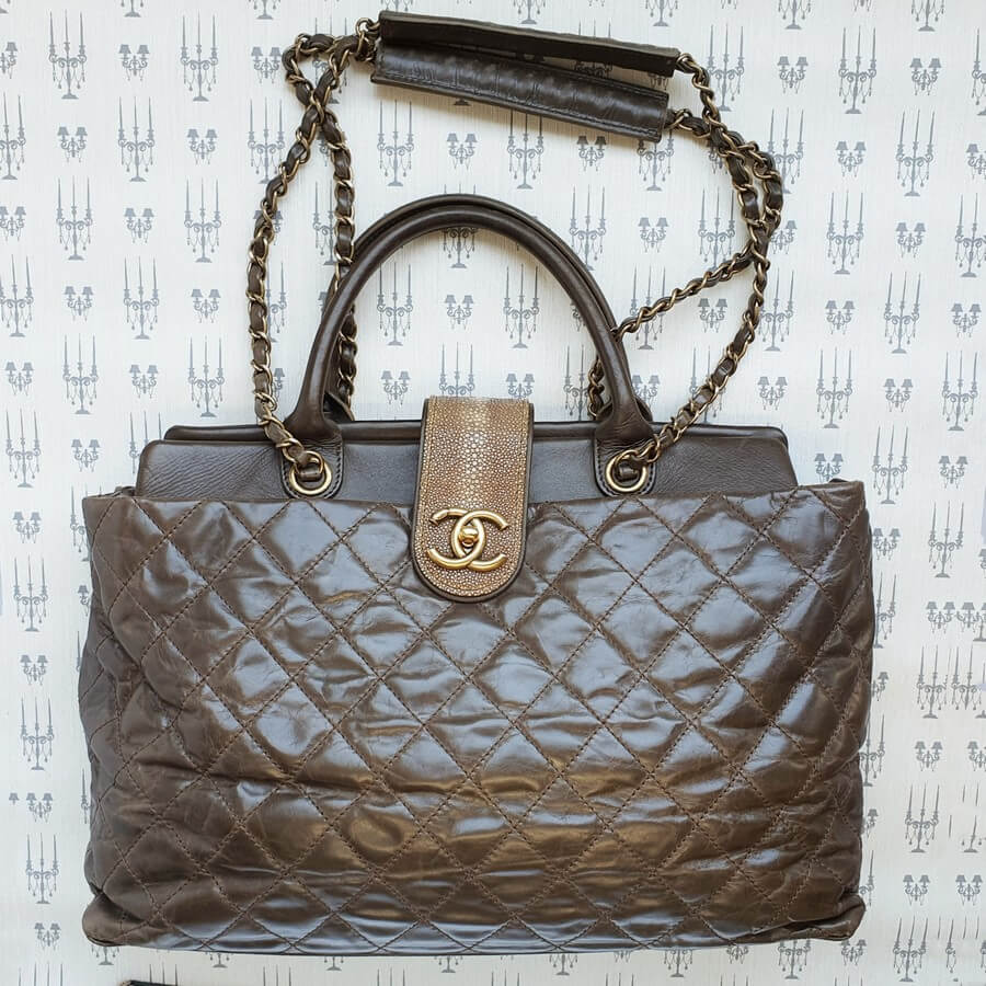 Chanel 2Way-bag Olive Brown Leather with Rustic Gold Hardware #TTLR-1