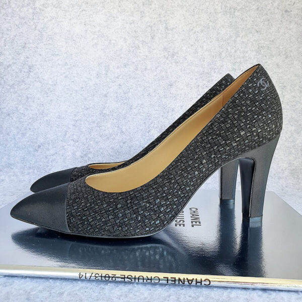 Chanel Pump Sz38C Black Canvas with Leather Shoes #TSSR-6