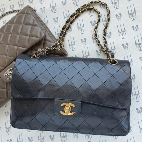 Chanel Vintage Medium Double Flap Black Lambskin with Gold Hardware #TTUE-1