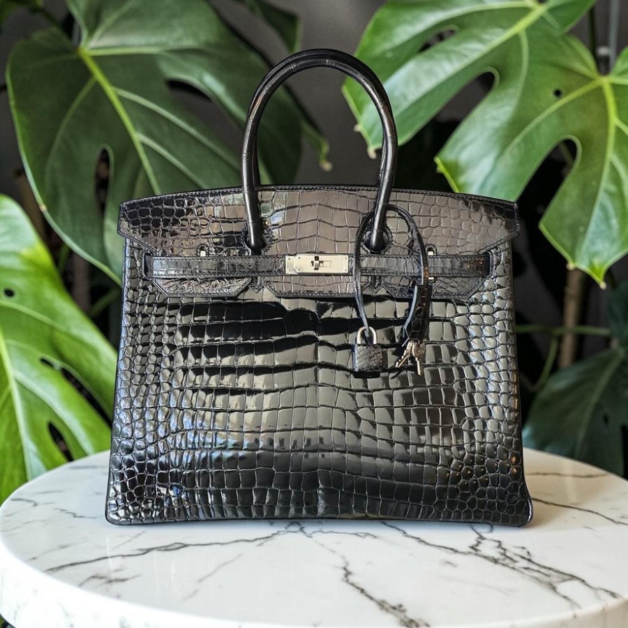 Hermes Birkin 35 Black Shiny Porosus Croc Skin with Palladium Plated Hardware #TTLR-15