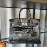 Hermes Birkin 35 Black Shiny Porosus with Palladium Plated Hardware #TTLR-15