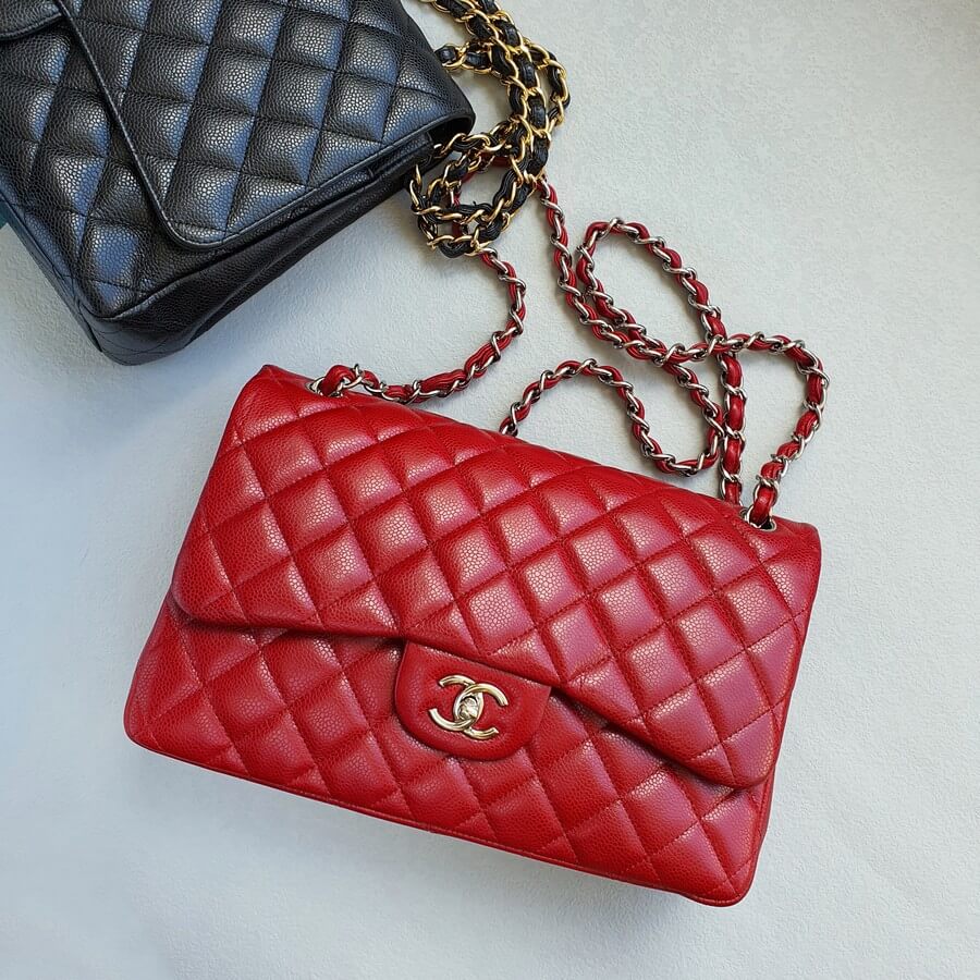 Chanel Jumbo Double Flap Red Grained Calfskin with Silver Hardware #TOKO-1