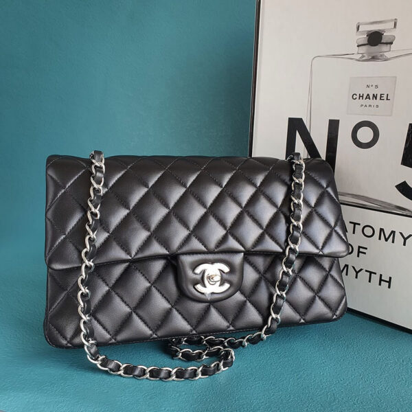 Chanel Medium Double Flap A01112 Black Lambskin with Silver Hardware #TOLT-1