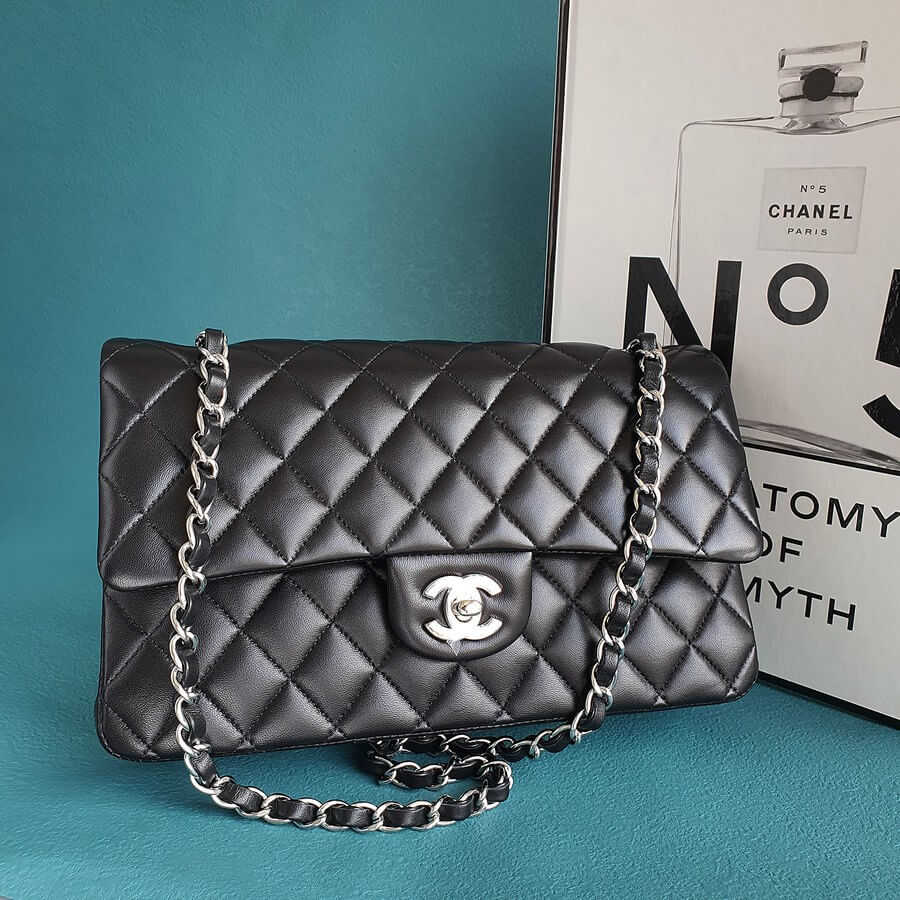 Chanel Medium Double Flap A01112 Black Lambskin with Silver Hardware #TOLT-1