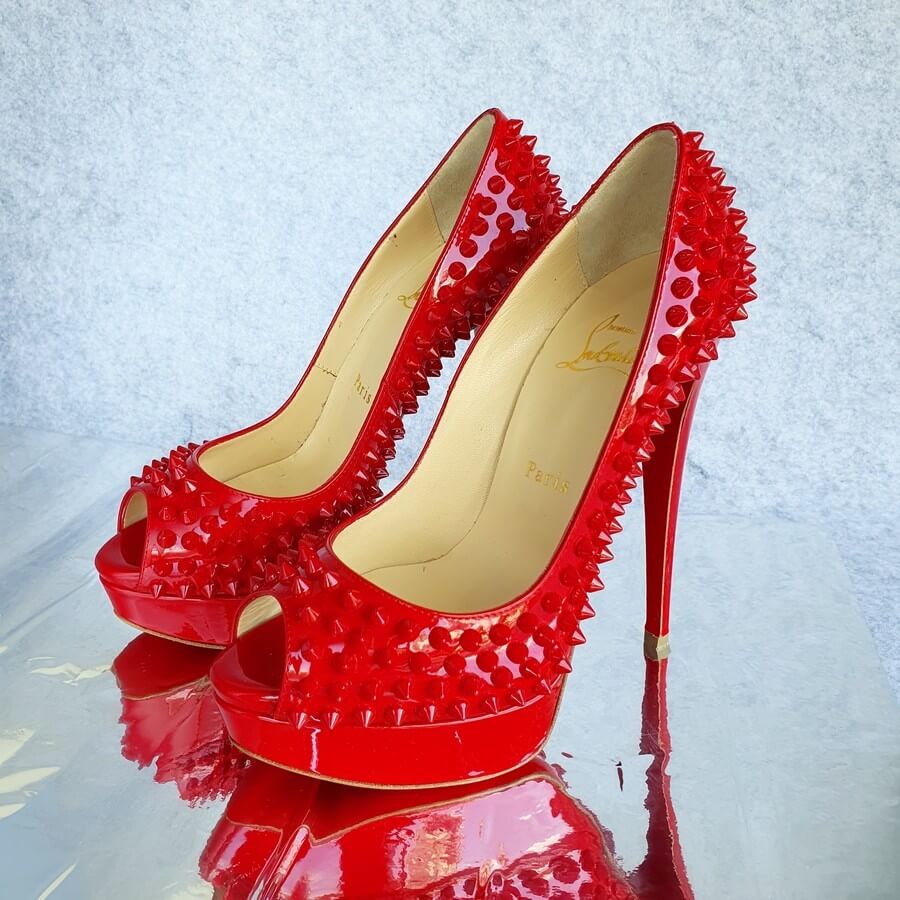 Christian Louboutin Peep Toe Pump SZ37 Red Patent Leather Shoes #TTOS-5