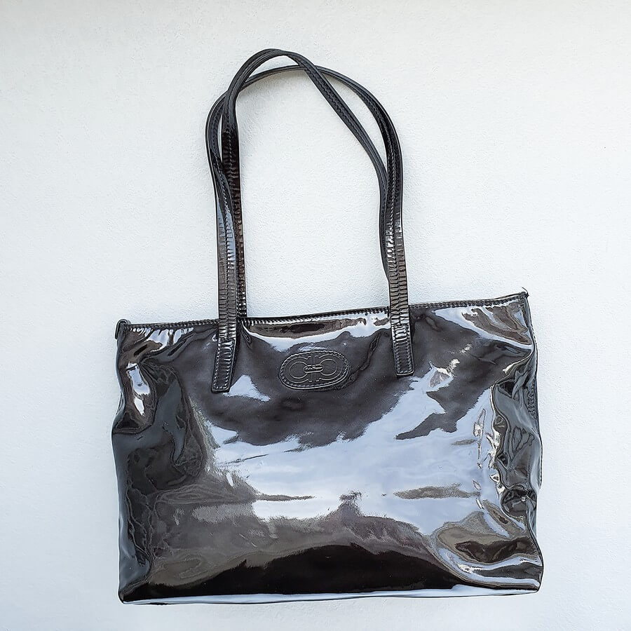 Salvatore Ferragamo Shoulder Bag Black Patent Leather with Silver Hardware #TTYR-3