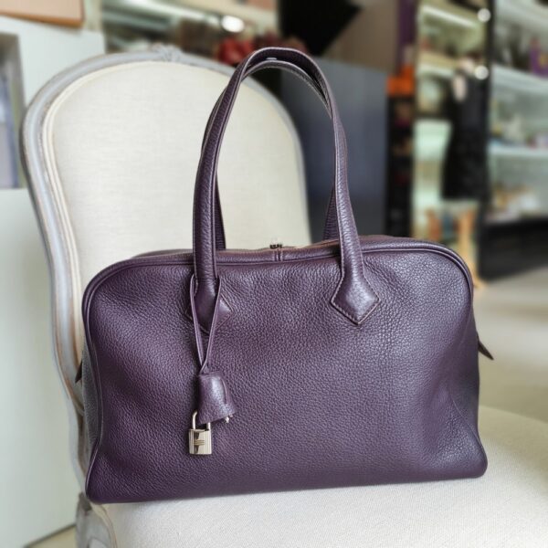 Hermes Victoria Dark Purple Clemence Leather with Palladium Plated Hardware #OELU-1