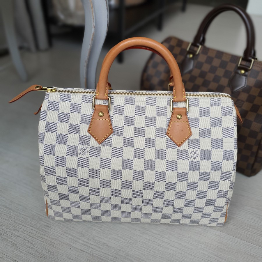 LV Speedy 30cm Damier Azur Coated Canvas with Gold Hardware #OEEC-2