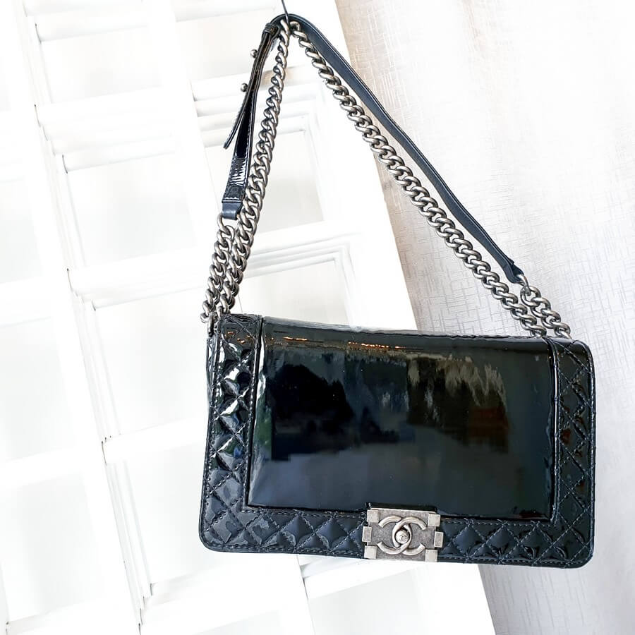 Chanel Boy Bag Black Patent Leather with Ruthenium Hardware #OEUT-3