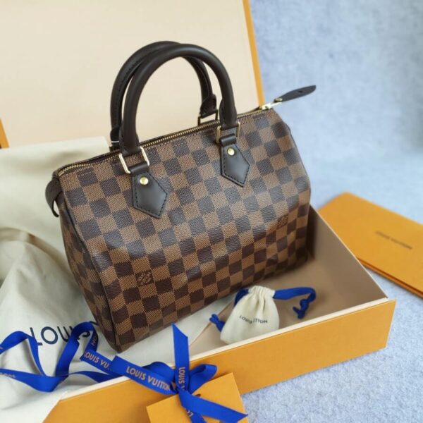 LV Speedy 25 Damier Ebene Coated Canvas with Leather And Gold Hardware #TOUS-3