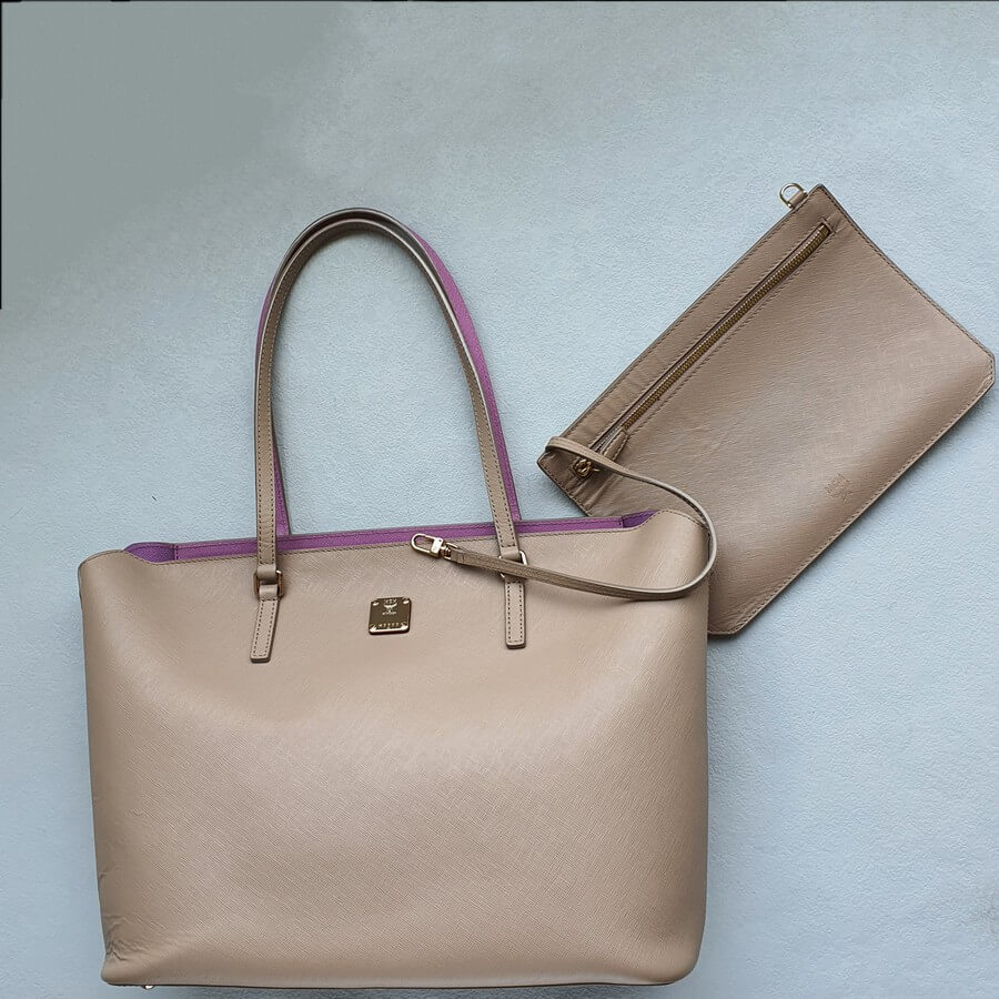 MCM Shopper Taupe Brown/ Lilac Printed Leather with Gold Hardware #OEYL-1