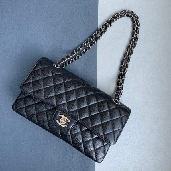 Chanel Medium Double Flap Black Grained Calfskin with Silver Hardware #OLLY-1