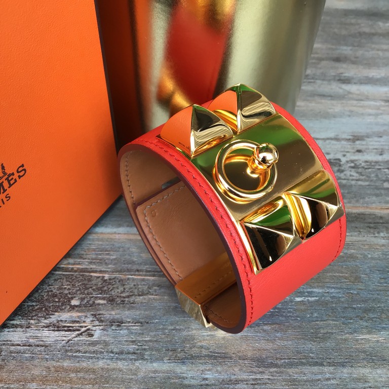 Hermes CDC SZS Bracelet Orange-red Swift Leather With Gold Plated Hardware #OLUS-2