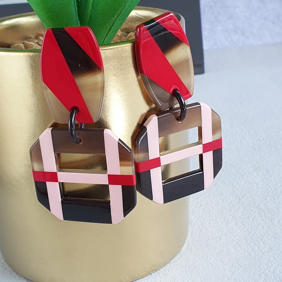 Hermes Earrings Red/Brown/Pink Buffalo Horn/Lacquered Wood #OLLS-3