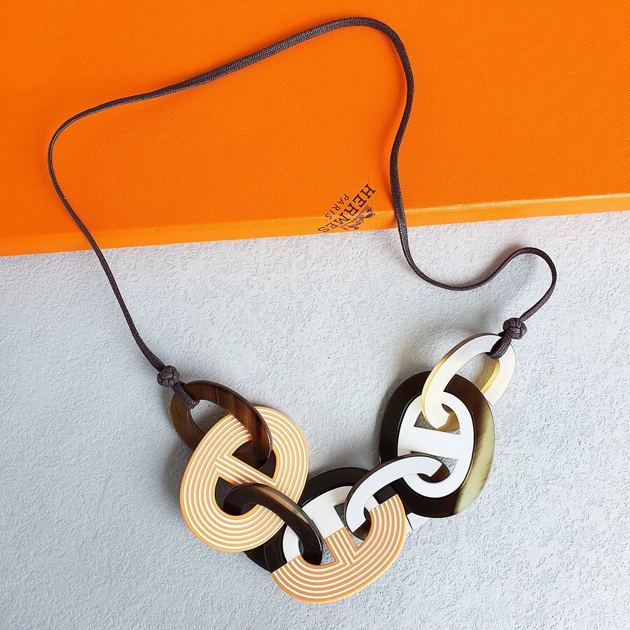 Hermes Karamba Brown/White/Orange Necklace Buffalo Horn Lacquered Wood #OLLS-7