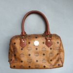 MCM Vintage Boston Bag Brown Visetos Coated Canvas With Leather And Gold Hardware #OLLO-1
