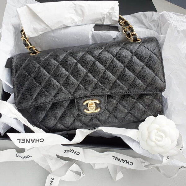 Chanel Medium Double Flap Black Grained Calfskin with Gold Hardware #OLKT-1