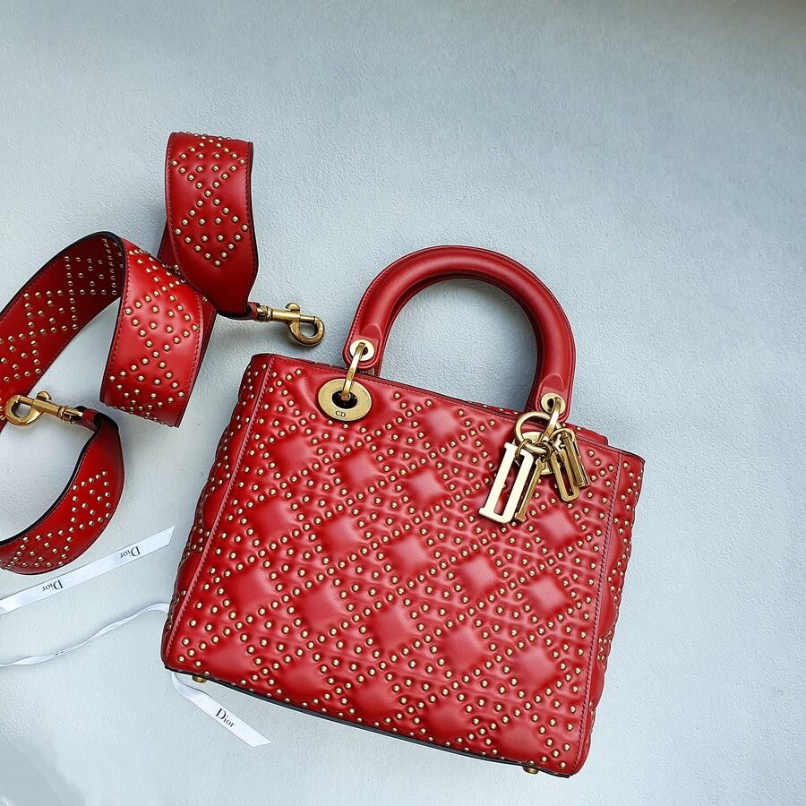 Christian Dior Medium Supple Lady Dior Red Lambskin with Gold Hardware #OLSO-2