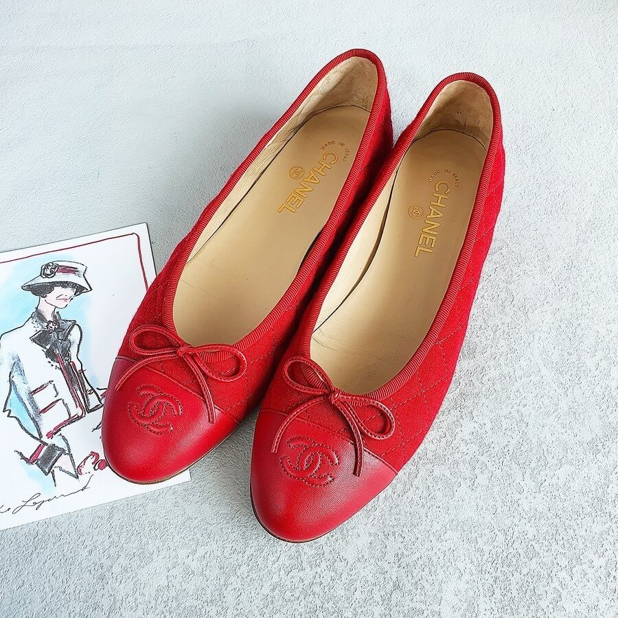 Chanel Classic Flats SZ41.5C Red Jersey with Leather Shoes #OLRT-3