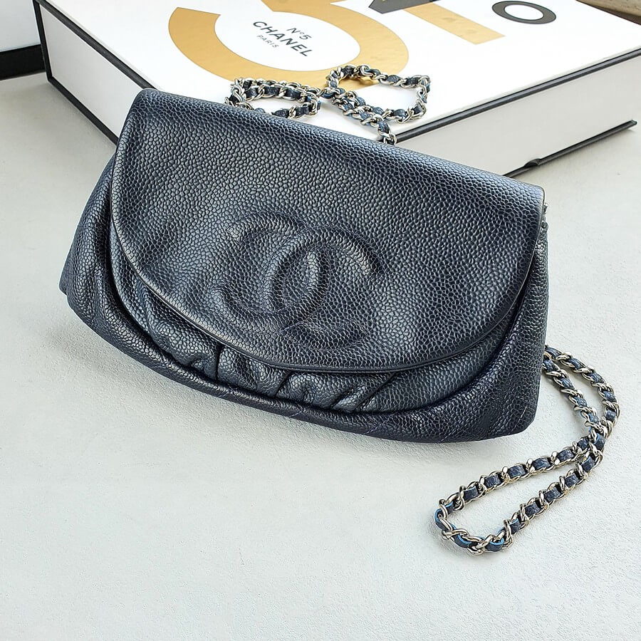 Chanel Half Moon Wallet On Chain Dark Blue Grained Calfskin with Silver Hardware #OUCO-3