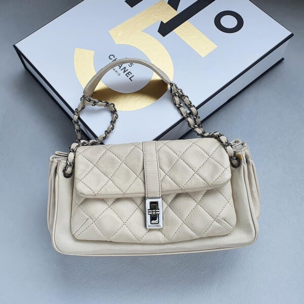 Chanel Shoulder Bag Beige Calf Leather with Silver Hardware #OUKL-6
