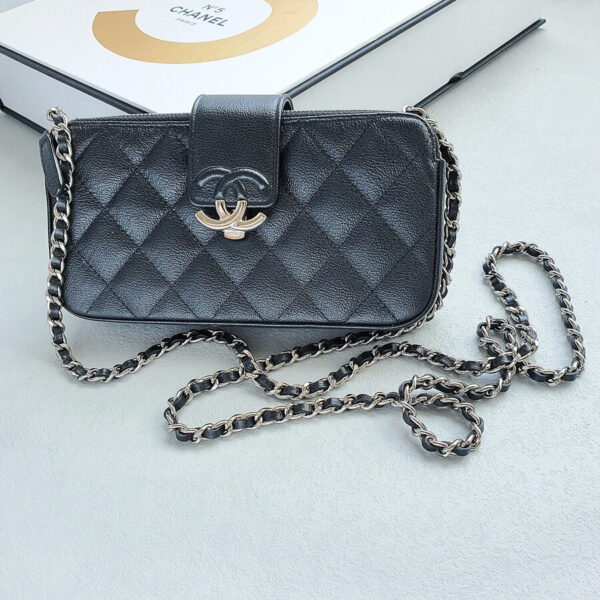 Chanel Triple Compartments Wallet On Chain Black Grained Calfskin with Silver Hardware #OUCO-4