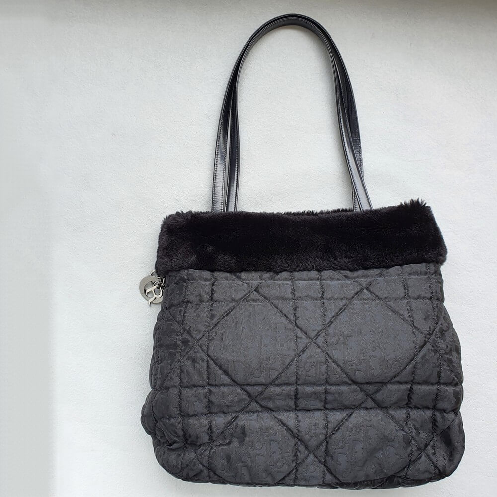 Dior Shoulder Bag Black Canvas with Faux Fur and Silver Hardware #GLOKT-2