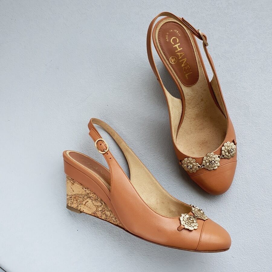 Chanel SZ36 Slingback Wedge Tan Flowers Feature Shoes #TRSL-5
