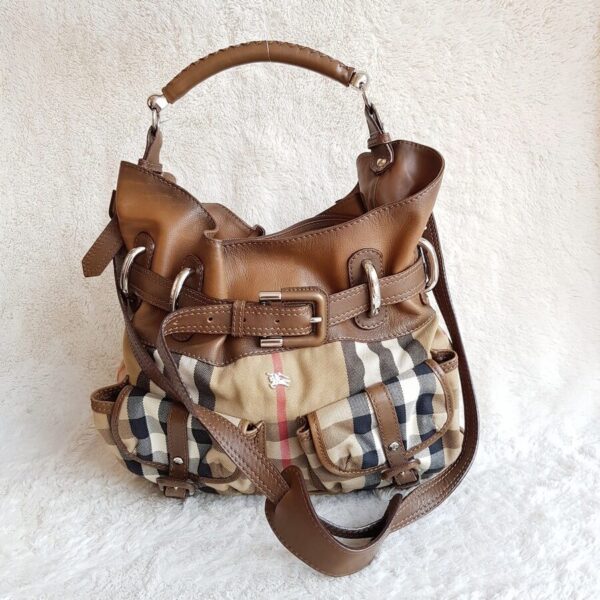 Burberry Hobo Bag Brown Canvas with Leather and Silver Hardware #SCUR-1