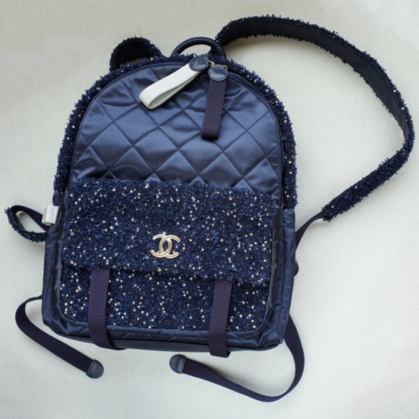 Chanel Backpack Blue Satin/ Tweed/ Canvas/ Lambskin/ Sequin and Silver Hardware #OCOK-1