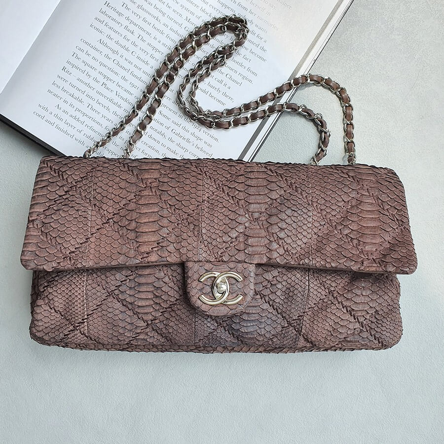 Chanel Flap Bag Brown Snake Skin With Silver Hardware #GLORE-3