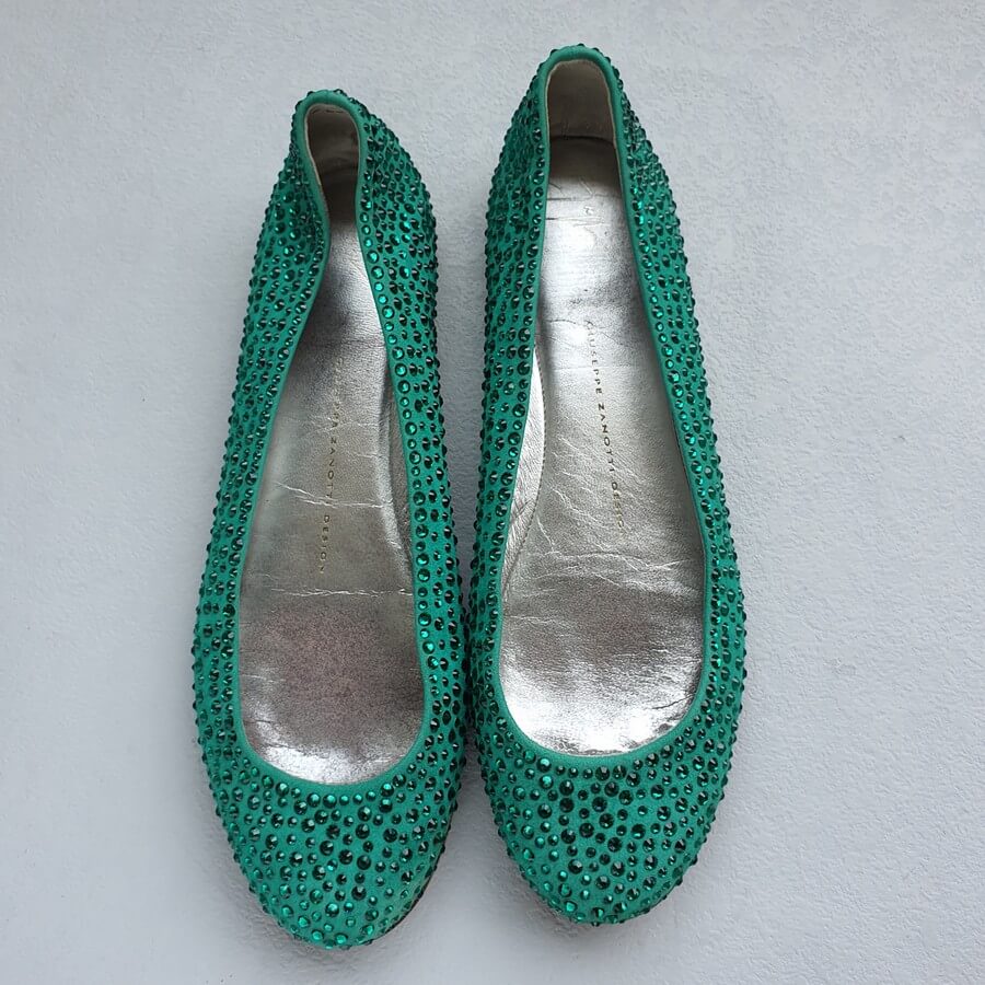Giuseppe Zanotti Flats Sz37.5 Green Suede Leather with Crystal Shoes #OEKR-6